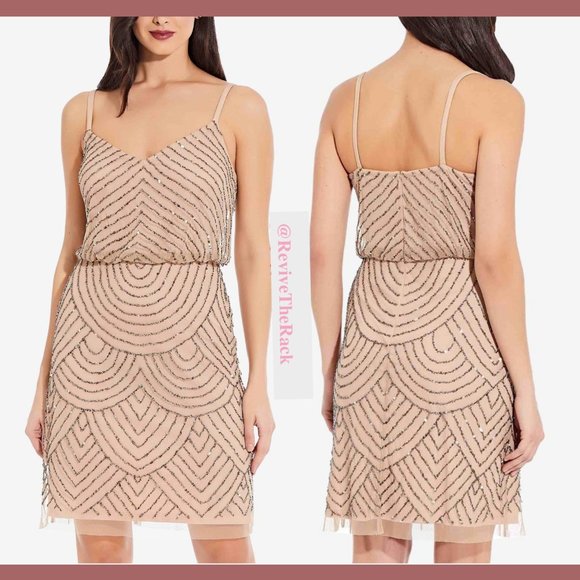 NEW Adrianna Papell Sequin Mesh Blouson Dress in Taupe Pink‎ [SZ 0 ] - Picture 3 of 10